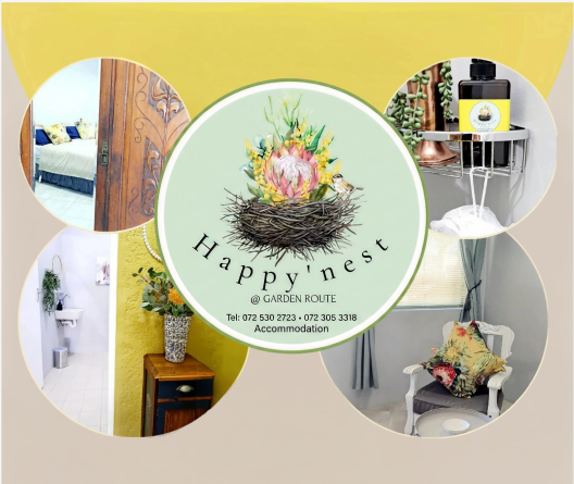 Happy'nest @ Garden Route — Accommodation collage with bedroom, entrance, bathroom and lounge photos around the Happy'nest logo. Tel 072 530 2723 / 072 305 3318